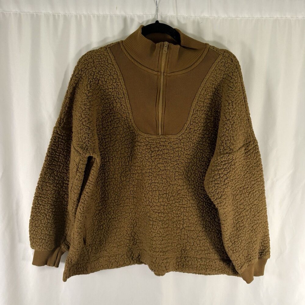 Aerie 1/4 Zip Sweater Women's Medium Brown Sherpa Fleece Oversized Pockets